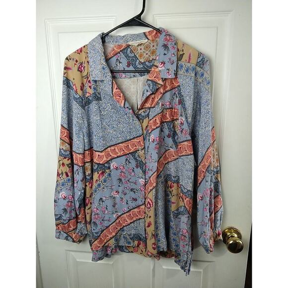 Christian Siriano Patchwork Collared Long Sleeve V Neck Button Blouse. Size L - Picture 1 of 12